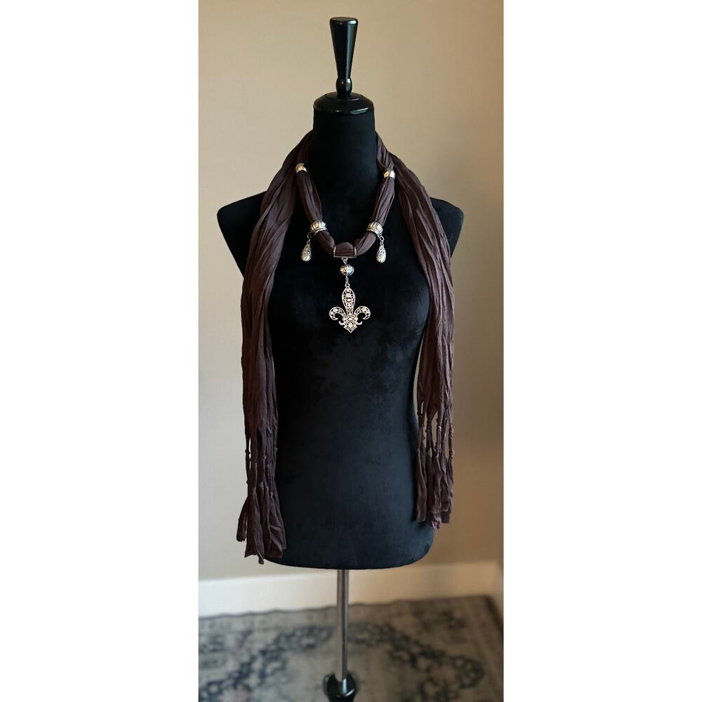 Y2K Fleur De Lis Chocolate Brown Silk Blend Fringe Silver Beaded Skinny Scarf